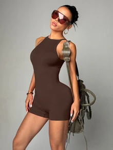 SHEIN Sports Core Rhythm 1件裝黑色無縫連身衣，無袖露背，柔軟舒適貼身，適合健身、跑步、休閒、瑜伽，女款健身連身衣/連身短褲，收腹連身褲，女款運動連身衣/連身短褲，女款緊身衣，快速出貨女裝 - 咖啡棕 - 查看 2