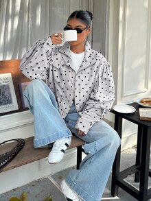 SHEIN EZwear 女款波點拉鍊休閒百搭日常旅行長袖夾克 - 灰色 - 查看 6