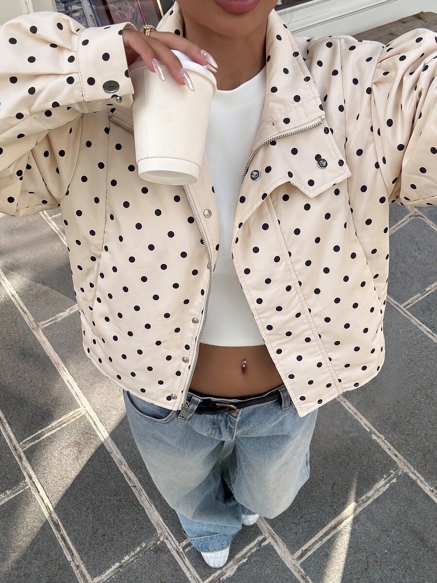 SHEIN EZwear 女款波點圖案長袖拉鍊休閒夾克 - 杏色 - 查看 1