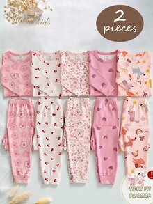 Young Girls Pajamas New Abstract Illustration Puppy Bow Flower Pattern Knitted High Elastic Snug Fit Crew Neck Long Sleeve Top With All-Over Print Long Pants 2 Pieces Set Loungewear 1Set - Multicolor - View 1