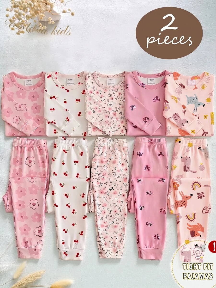 Young Girls Pajamas New Abstract Illustration Puppy Bow Flower Pattern Knitted High Elastic Snug Fit Crew Neck Long Sleeve Top With All-Over Print Long Pants 2 Pieces Set Loungewear 1Set - Multicolor - View 1