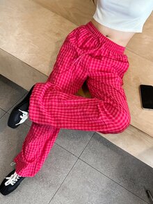 K-Vae Women's Loose Casual Tie Waist Plaid Long Pants In Rose Red - Hot Pink - View 5