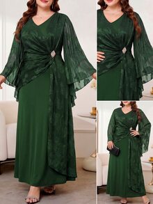 SHEIN Clasi 大尺碼優雅派對鏤空拼接洋裝 - 墨綠色 - 查看 4