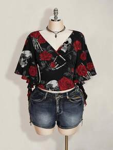 SHEIN ICON 大尺碼 Y2K 花卉骷髏印花 T 恤 - 彩色 - 查看 3