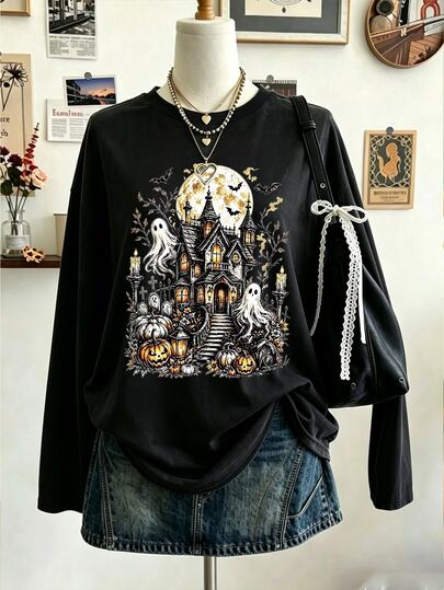 Breezaya Women's Casual Long Sleeve Halloween & Day Of The Dead Series Graphic Print Autumn Style