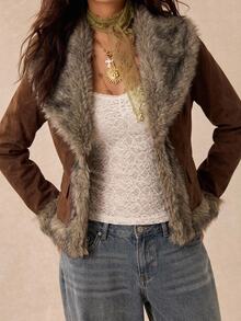 Easelle Women's Autumn/Winter Fashion Retro Fuzzy Patchwork Jacket - Brown - View 2
