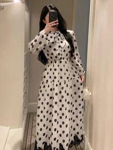 DAZY 女款優雅通勤波點印花蕾絲拼接洋裝 秋季 - 白色 - 查看 9