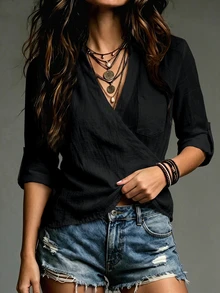 LUMIGAL Women's Solid Color Rolled Sleeve Pocket Design Casual Shirt - Black - View 6