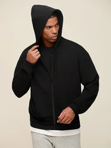 OTTIMOZO Men's Solid Color Drop Shoulder Long Sleeve Drawstring Pocket Casual Hoodie, Autumn/Winter/Back To School Season, Gym - Black - View 5