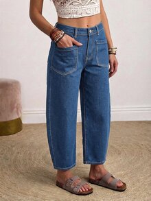 EMERY ROSE Plus Size Women's Casual Daily Denim Jeans With Pockets And Buttons - Blue - View 7