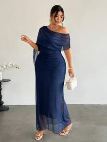 Firerie Plus Size Women's Long Sleeve Dress, Comfortable Casual Elegant Vacation Date Party Gathering Afternoon Tea Exquisite Charming INS Style Fashion Ruched Cape Asymmetrical Overlay Mesh Elastic - Navy Blue - View 8