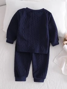 2pcs Baby Boy Comfortable Soft Thick Navy Blue Cable Knit Jacquard Fabric Ribbed Crew Neck Bear Graphic Applique Embroidery Ribbed Cuffs Pajama Set - Navy Blue - View 2