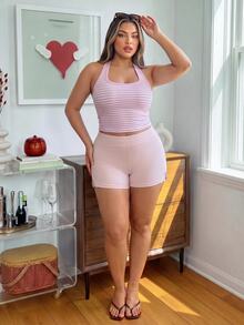 SHEIN Sovereign Charm Pantalones cortos deportivos casuales y versátiles para mujer talla grande - Rosa - Ver 6