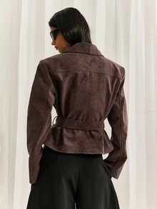 LYSMO Jaket Lengan Panjang Wanita Warna Polos Kasual Serbaguna untuk Sehari-hari - Coklat - View 2