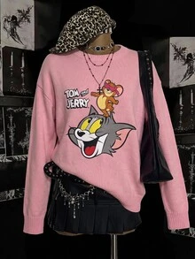 TOM & JERRY X SHEIN SHEIN EZwear 大尺碼女款卡通印花休閒日常長袖針織衫 - 彩色 - 查看 6