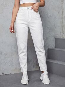 SHEIN ICON 女款休閒百搭丹寧Mom牛仔褲，附口袋 - 白色 - 查看 4