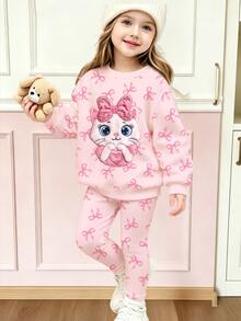 Girls Cartoon Cat Print Sweatshirt + Bow Print Leggings 2pcs Set, Casual Long Sleeve Young Girl Outfit - Multicolor - View 1
