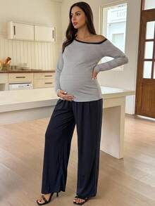 Dazy Maternity Striped Asymmetrical Shoulder Long Sleeve T-Shirt & Straight Leg Pants Casual Vacation Home Daily Spring Autumn Maternity 2 Pieces Set - Black - View 3