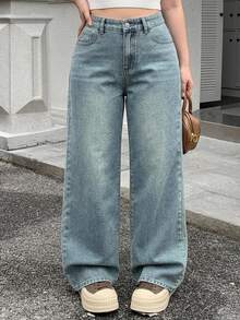 Dazy Plus Celana Jeans Denim Panjang Kasual Model Lebar dengan Warna Polos Pudar Bergaya Vintage - Medium Wash - View 1