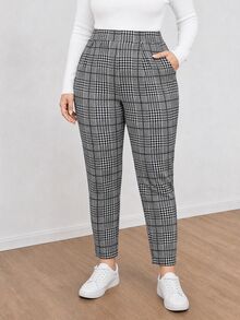 Shapeblank 大尺碼女款格紋休閒百搭日常穿著長褲 - 黑色 - 查看 1