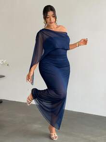 Firerie Plus Size Women's Long Sleeve Dress, Comfortable Casual Elegant Vacation Date Party Gathering Afternoon Tea Exquisite Charming INS Style Fashion Ruched Cape Asymmetrical Overlay Mesh Elastic - Navy Blue - View 4