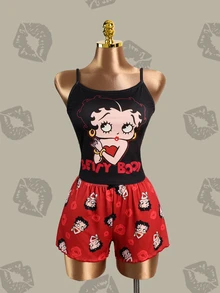 Betty Boop x SHEIN 女款字母卡通印花細肩帶上衣與短褲休閒居家睡衣套裝 - 黑色 - 查看 7