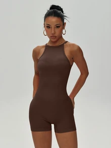 SHEIN Sports Core Rhythm 1件裝黑色無縫連身衣，無袖露背，柔軟舒適貼身，適合健身、跑步、休閒、瑜伽，女款健身連身衣/連身短褲，收腹連身褲，女款運動連身衣/連身短褲，女款緊身衣，快速出貨女裝 - 咖啡棕 - 查看 6