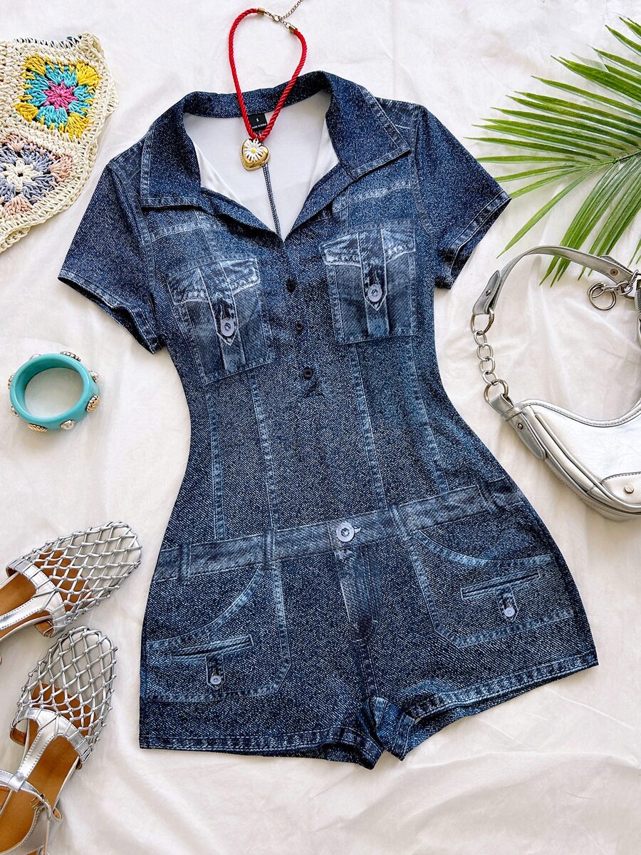 Soleia Denim Effect Print Slim Fit Romper - Multicolor - View 1