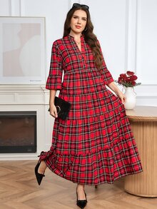 Easowa Curve Christmas Plus Size Women's Plaid Cutout V-Neck Ruffle Hem Dress - Multicolor - View 3