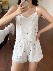 DAZY 2件組波點印花細肩帶上衣與短款睡褲女款睡衣套裝 - 白色 - 查看 6