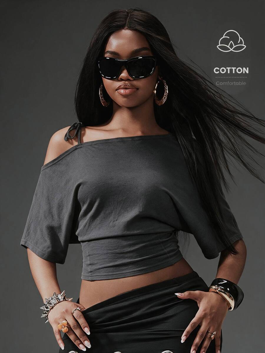 Vadaroq Summer Casual Solid Color Asymmetrical Shoulder Waist-Cinching T-Shirt - Black - View 1
