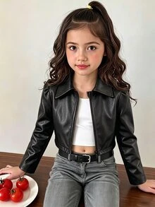 SHEIN Sparklyn 少女純色PU皮革拉鍊時尚百搭夾克外套 - 黑色 - 查看 7
