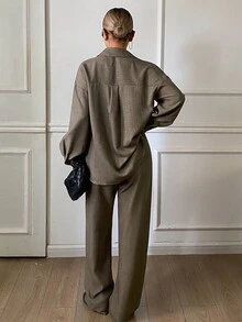 Livesso Women's Minimalist Versatile Long Sleeve Top And Pants 2 Pieces Set Fall - Olive Green - View 2
