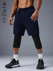 Acti Log 男士運動短褲，彈性抽繩，2合1，跑步與健身，戶外休閒 - 黑色 - 查看 3