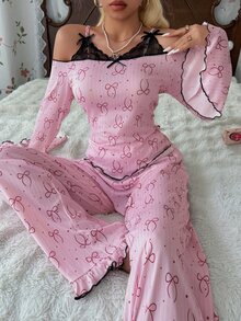 CottageSlumber Women's Knit Bow Print Lace Patchwork Ruffle Long Sleeve Long Pants Pajama Set - Pink - View 7