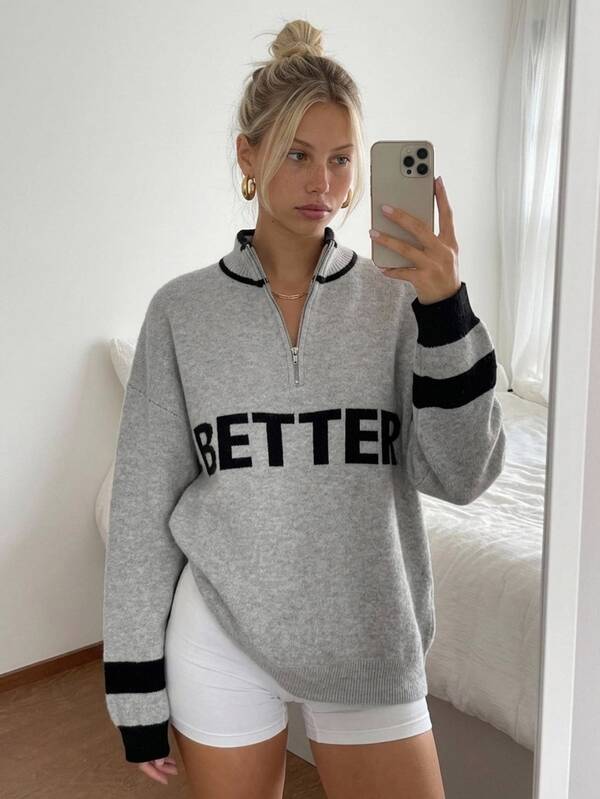 Livesso Women's Autumn/Winter Casual Colorblock Striped Letter Pattern Sweater