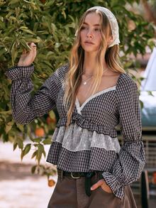 WESTFADE Women Gingham Long Sleeve Lace Top, Fall Winter 2026, Western Style, Cowgirl Clothing, Rodeo, Female Country Look, Autumn, Cute Tops, Festival - Multicolor - View 4