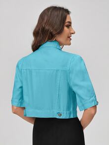 SHEIN EZwear 休閒純色中袖短版牛仔夾克 - 橘色 - 查看 2