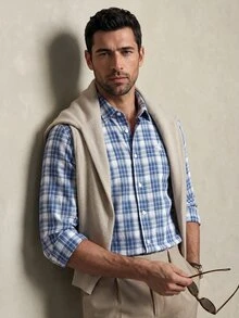 Lornavo Men's Plaid Knight Pattern Casual Daily Wear Shirt - Blue and White - View 5
