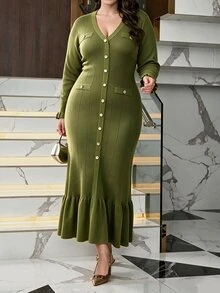 Modelyn فستان كنزة أنيق بحجم كبير مع أزرار وحافة مكشكشة - أخضر عسكري - مشاهدة 3