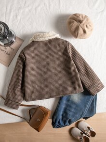 SHEIN 女童時尚千鳥格翻領長袖開襟外套，秋冬日常穿著 - 彩色 - 查看 2