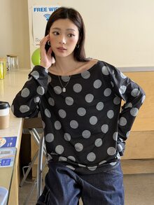 K-Vae 大尺碼女款波點休閒百搭日常穿搭T恤 - 黑色 - 查看 4