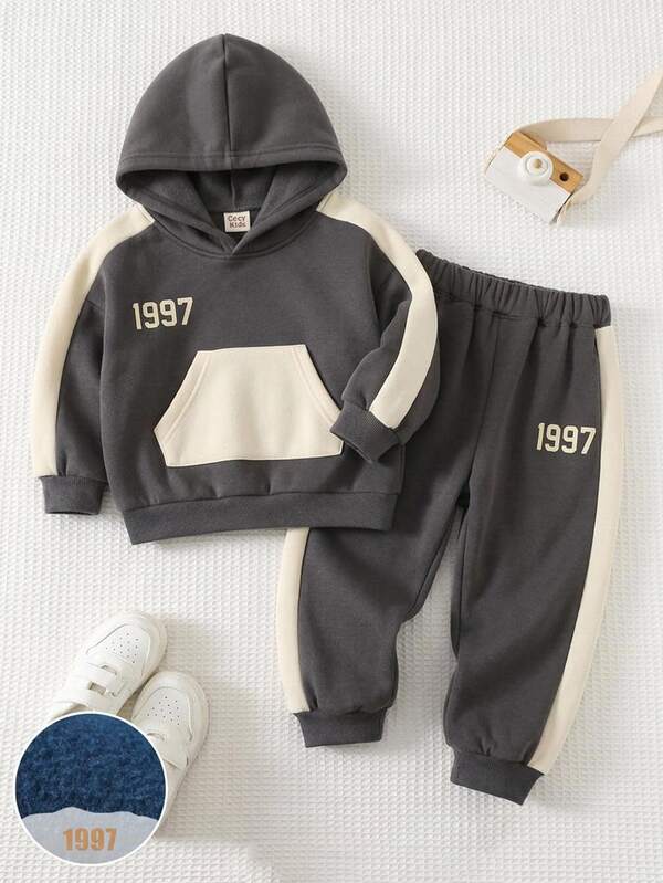 SHEIN Young Boy Casual Korean Style Loose Fit Fabric Letter Print Long Sleeve Hoodie And Elastic Waist Long Pants Set, Suitable For Autumn And Spring, Perfect For Outdoor Play, School, Street Style, Party And Home Leisure, Fleece Lined Brushed Thick Fabric, Young Boys Clothes For School