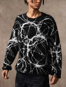 ROMWE MEN Men's Round Neck Dark Geometric Art Knit Sweater Street Style - Black - View 4