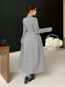 DAZY Autumn/Winter Gray Stand Collar Elegant Vintage Commute Date Elegant Women Mid-Length Dress - Grey - View 2