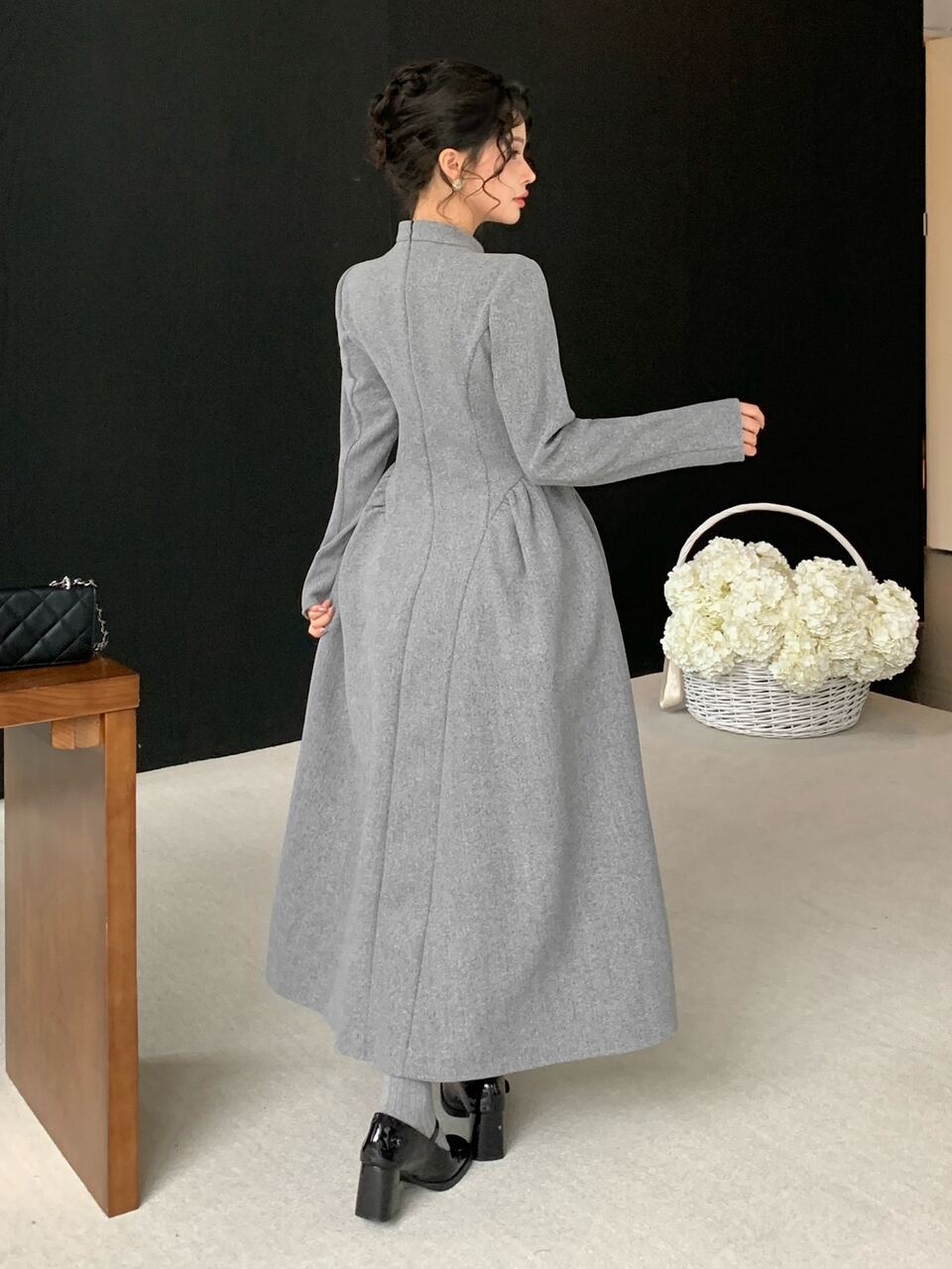 Autumn/Winter Gray Stand Collar Elegant Vintage Commute Date Elegant Women Mid-Length Dress