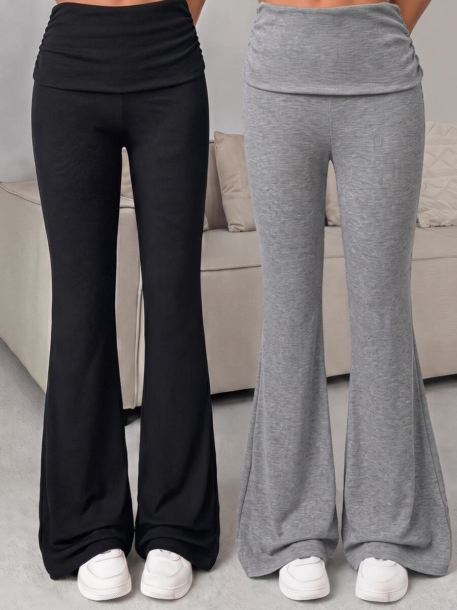 SHEIN Teen Girl Teen Girls Black & Gray Long Pants Set With Ruched Waist And Flared Leg, Buy 1 Get 1 Free - Multicolor - View 1