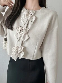 FRIFUL Women's Sweet Bow Decor Long Sleeve Overcoat Fall - White - View 2