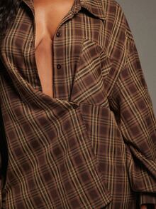 Denimoi Asymmetrical Button Front Plaid Top Fashionable Streetwear Cool Girl Style Fashion Tops Fall - Brown - View 4