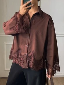 DAZY Blus Wanita Lengan Panjang Longgar dengan Hiasan Renda Kontras, Kasual untuk Liburan Musim Semi dan Gugur - Coklat - View 2